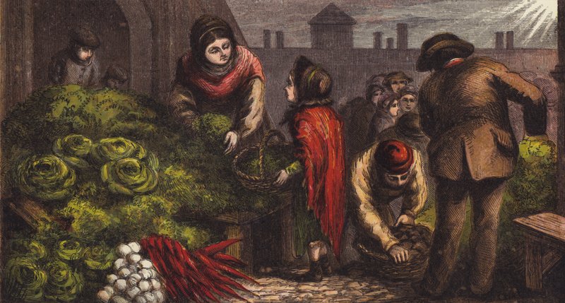 Mercato ortofrutticolo di Covent Garden (litografia a colori) da English School