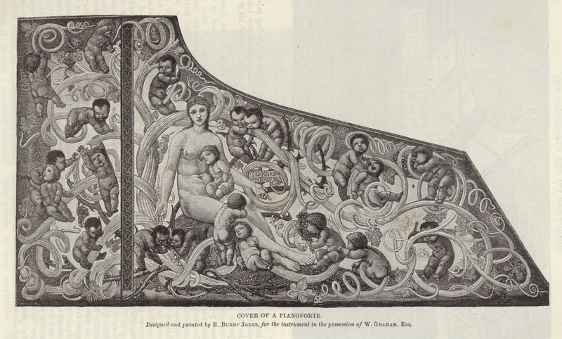 Copertura di un pianoforte disegnata e dipinta da Edward Burne-Jones da English School