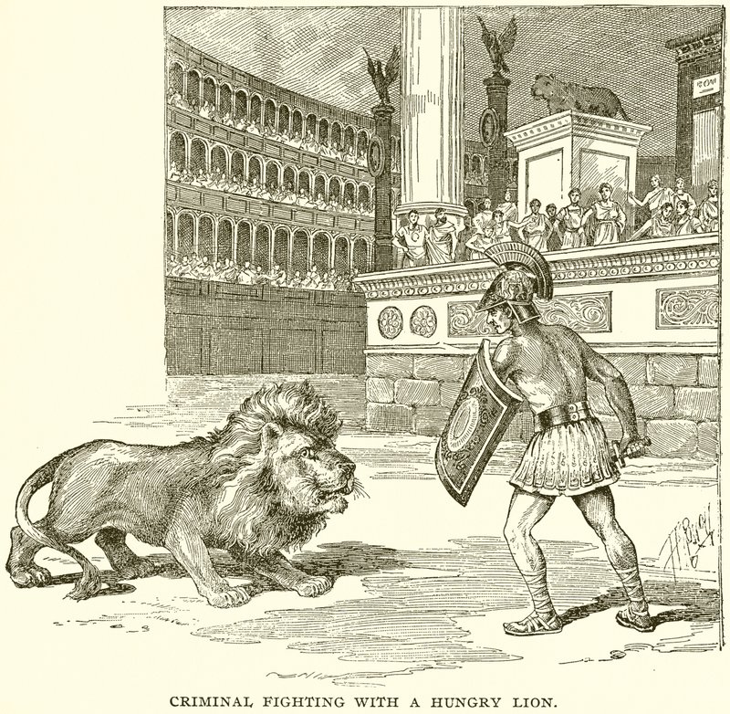 Criminale che combatte con un leone affamato da English School