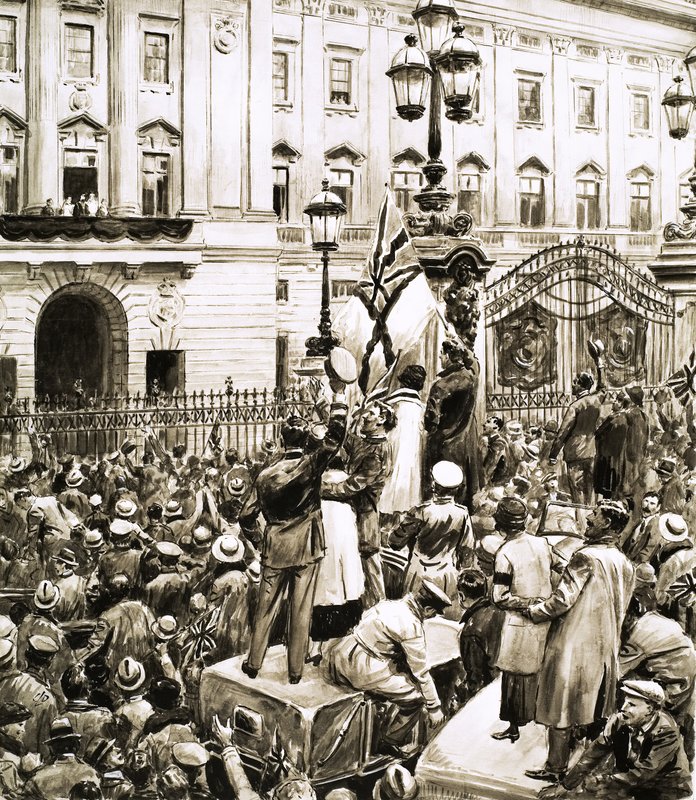 Folle fuori Buckingham Palace acclamano Re Giorgio V nel Giorno dell