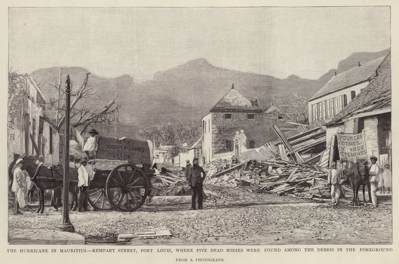 Danni su Rempart Street, Port Louis, causati dal Ciclone di Mauritius del 1892 da English School