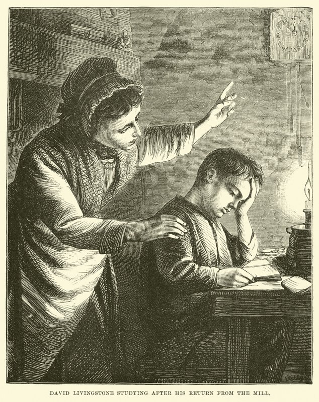 David Livingstone che studia dopo il ritorno dal mulino da English School