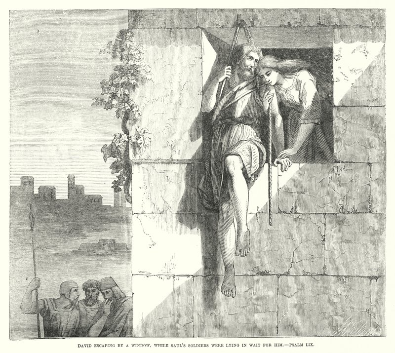 Davide che fugge da una finestra, mentre i soldati di Saul lo aspettano, Salmo LIX (incisione) da English School