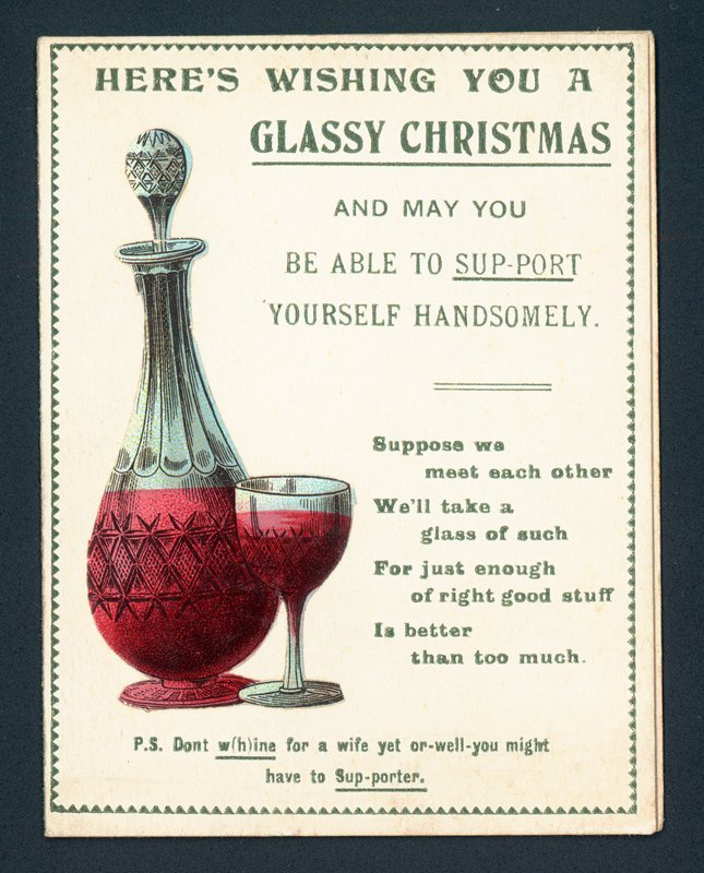 Decanter e bicchiere di vino rosso, cartolina di Natale da English School