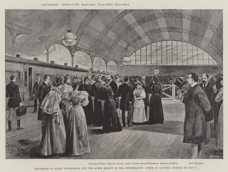 Partenza della regina Guglielmina e della regina reggente dei Paesi Bassi, scena alla stazione Victoria il 9 maggio da English School