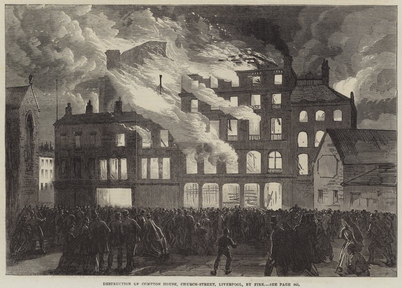 Distruzione di Compton House, Church-Street, Liverpool, per Incendio da English School
