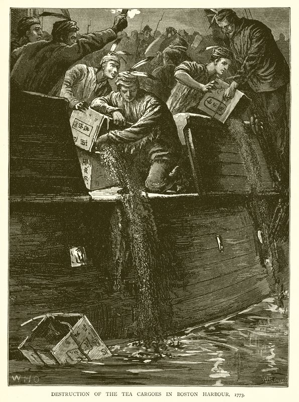 Distruzione del carico di tè nel porto di Boston, 1773 da English School