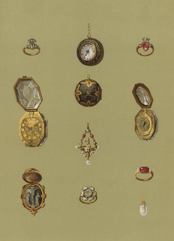 Diamantring, Goldene Uhr, Blutstein-Kamee, Goldene Uhr, Juwelen-Solitär, Opal-Trauerring von Maria Stuart, Goldring der Prinzessin Elisabeth, Goldene Uhr in achteckiger Form, Goldring, Perlenohrring von English School