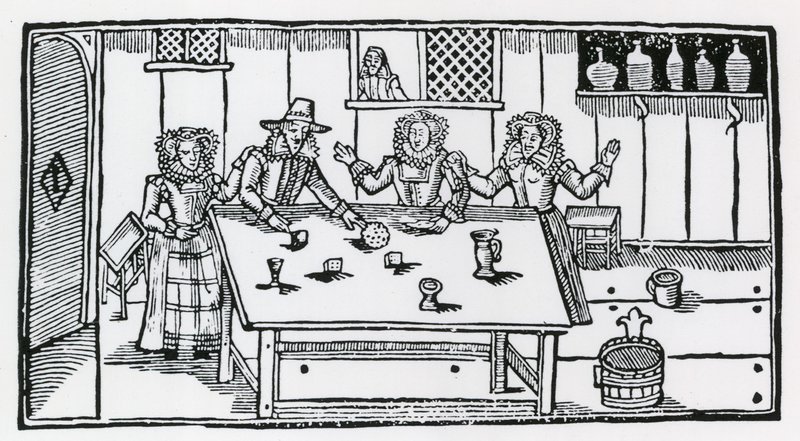 Gioco dei dadi. Donne in una taverna che incoraggiano un giovane a perdere i suoi soldi da English School