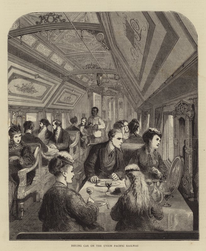 Carrozza ristorante sulla Union Pacific Railway (incisione) da English School