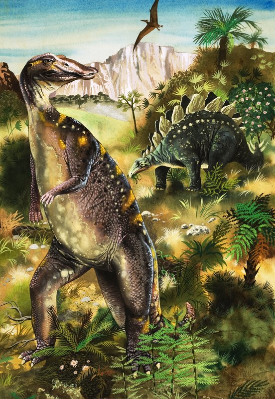 Dinosauri, illustrazione da "When Monsters Ruled the Earth" (gouache su carta) da English School