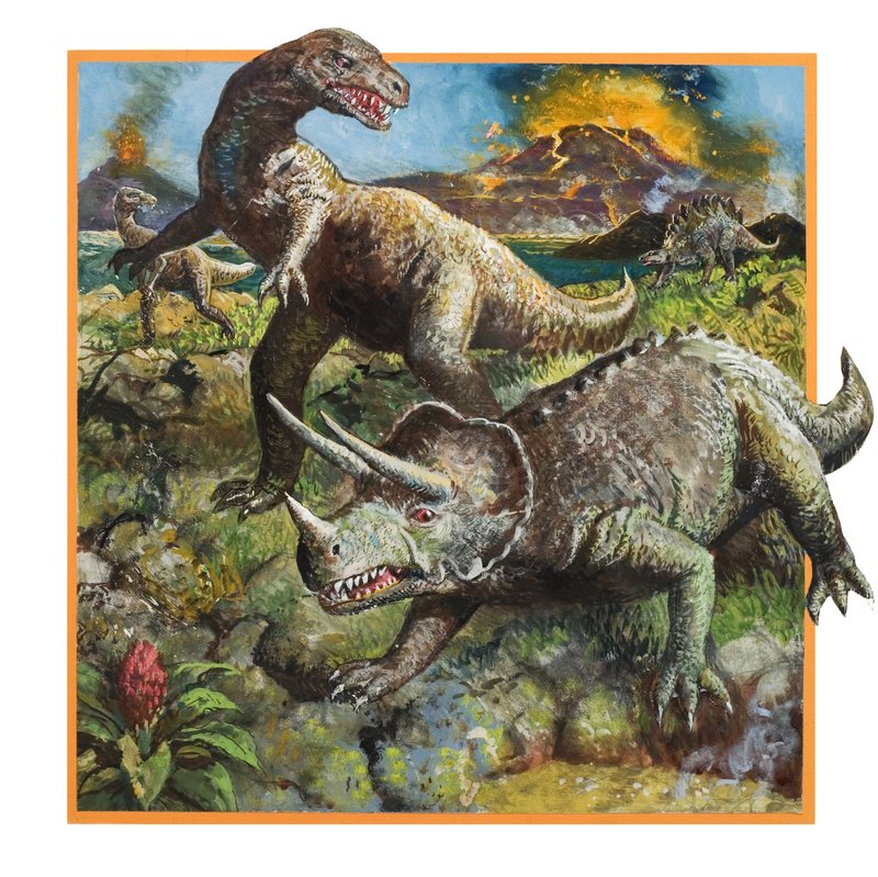 Dinosauri con vulcano (gouache su carta) da English School