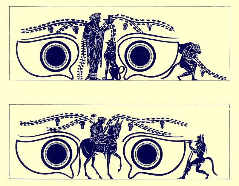 Dioniso, Efesto e satiri, illustrazione da Pitture di vasi greci di J. E. Harrison e D. S. MacColl, pubblicato nel 1894 da English School