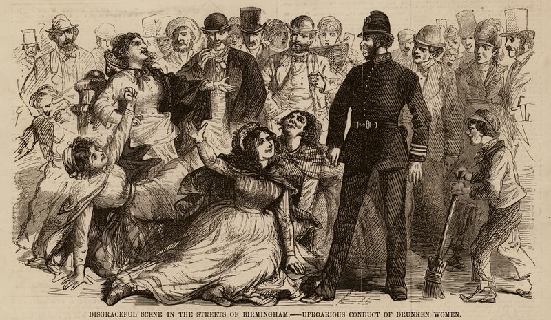 Scena vergognosa nelle strade di Birmingham, comportamento tumultuoso di donne ubriache da English School