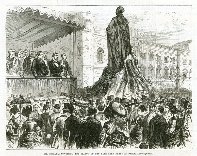 Disraeli che svela la statua del defunto Lord Derby in Parliament Square, Westminster da English School