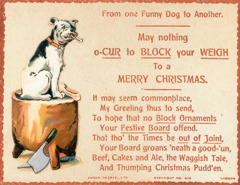 Cane seduto su un ceppo, biglietto di Natale da English School