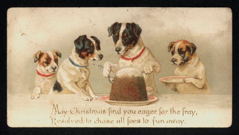 Cani che servono un budino di Natale, biglietto di auguri da English School