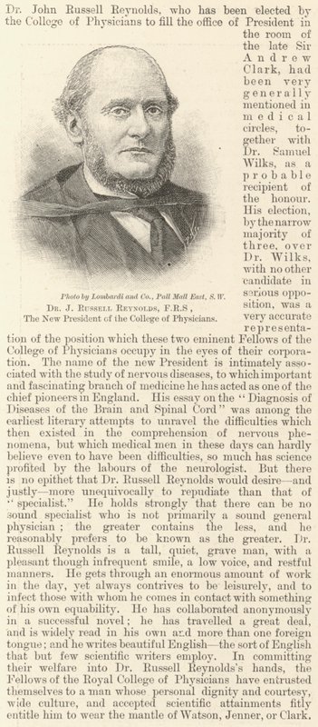 Dr J Russell Reynolds, FRS, il nuovo presidente del College of Physicians da English School