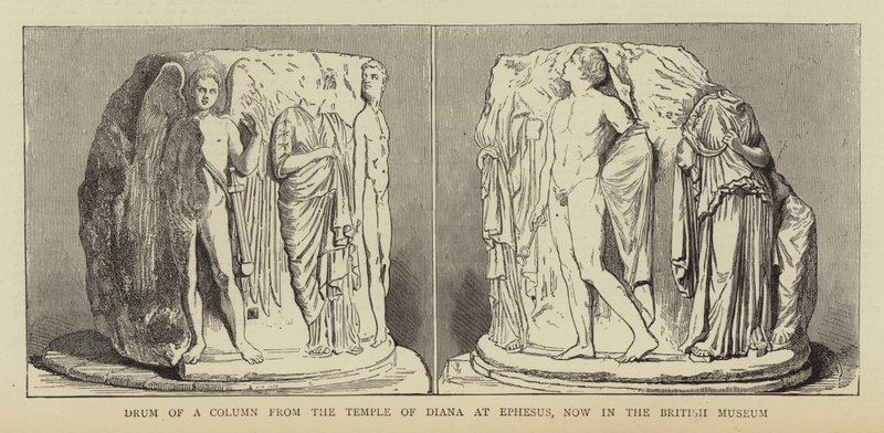 Tamburo di una colonna del Tempio di Diana a Efeso, ora al British Museum (incisione) da English School