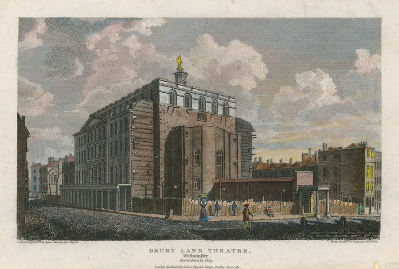 Drury Lane Theatre, Westminster, Londra; bruciato nel 1809 da English School