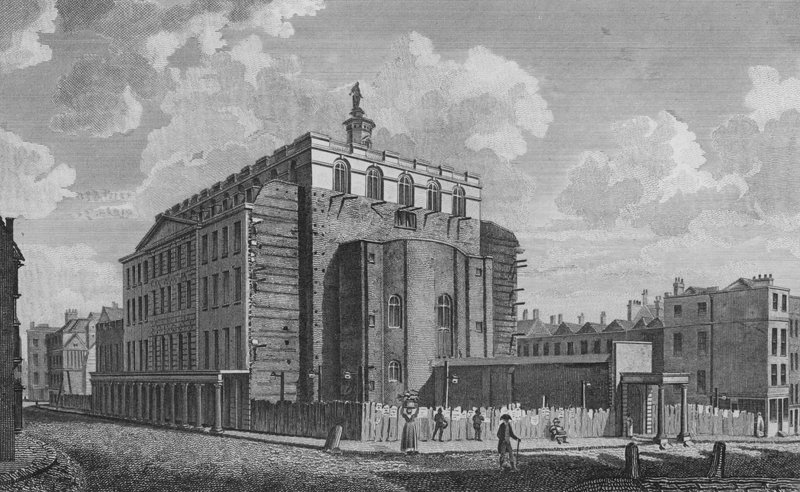 Teatro Drury Lane, Westminster, bruciato nel 1809 (incisione) da English School