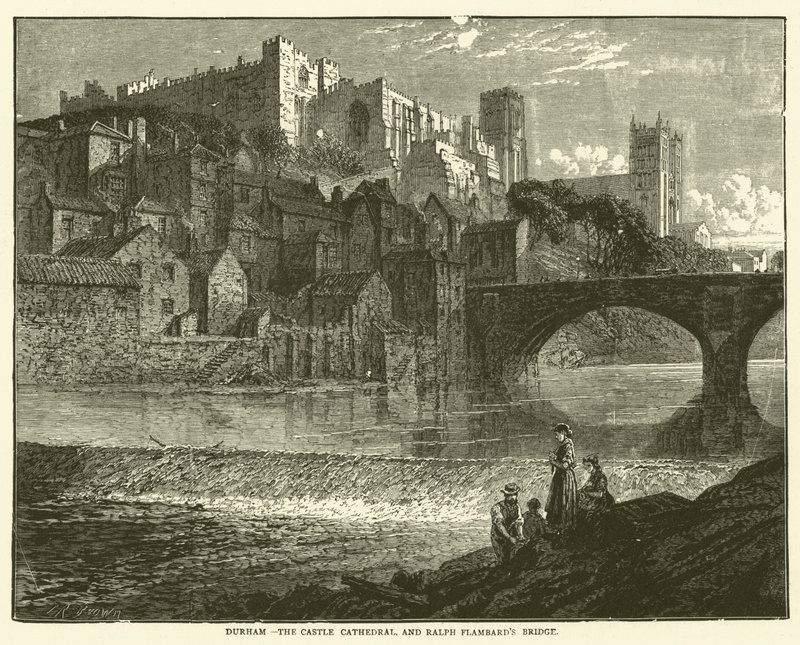 Durham, la cattedrale del castello e il ponte di Ralph Flambard (incisione) da English School