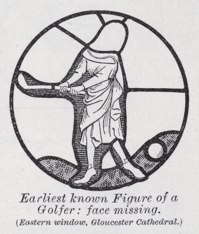 La più antica figura conosciuta di un golfista, volto mancante, finestra orientale, Cattedrale di Gloucester da English School