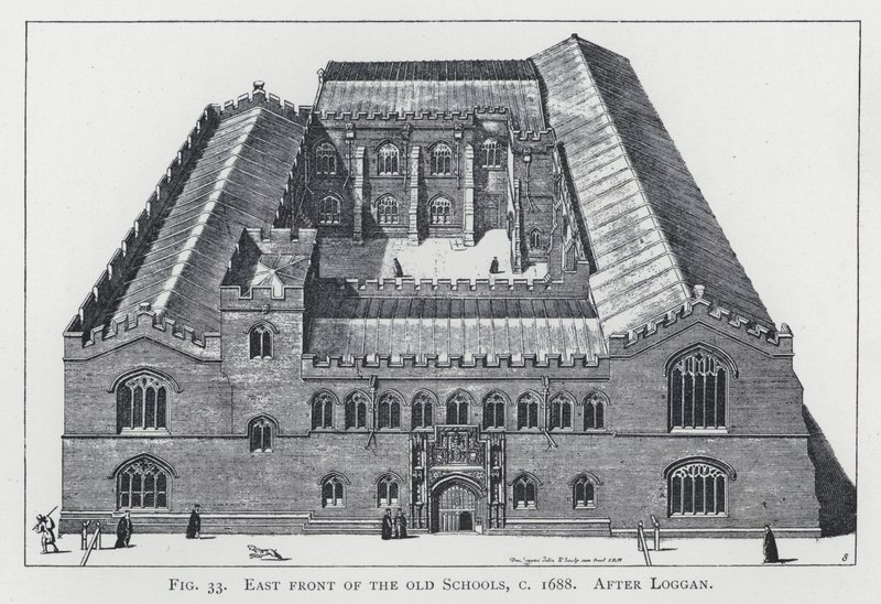 Facciata est delle vecchie scuole, c 1688, dopo Loggan da English School
