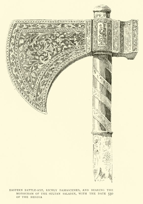 Ascia da battaglia orientale, riccamente damascata, con il monogramma del Sultano Saladino e la data 550 dell