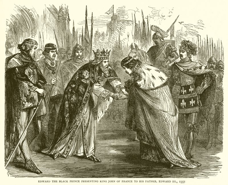 Il Principe Nero Edoardo presenta il Re Giovanni di Francia a suo padre, Edoardo III, 1357 da English School