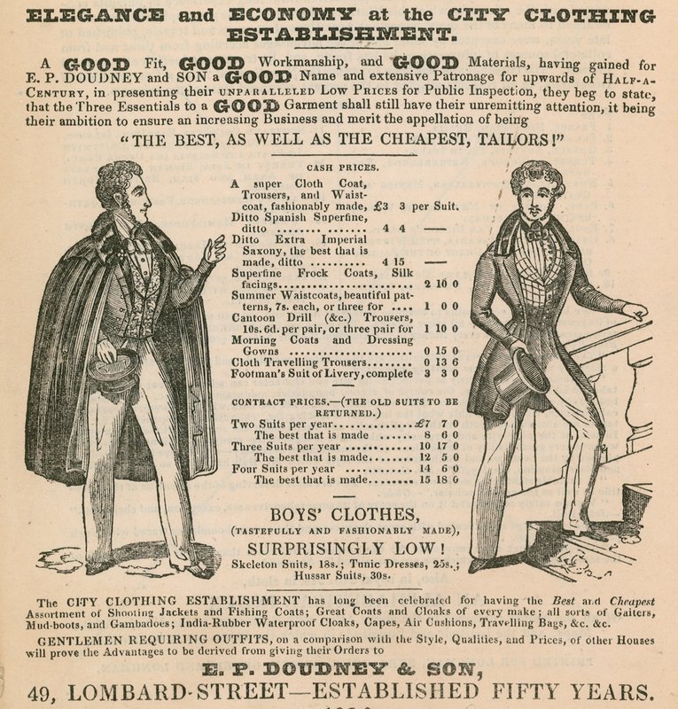 Eleganza ed economia presso il City Clothing Establishment; E P Doudney & Son, 49 Lombard Street, Londra da English School
