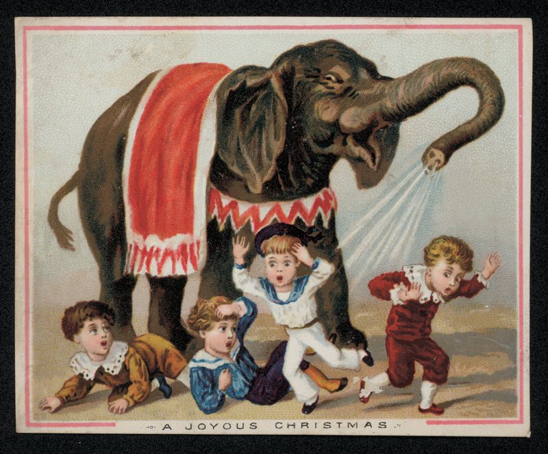 Elefante che gioca spruzzando acqua sui bambini, cartolina di auguri di Natale da English School