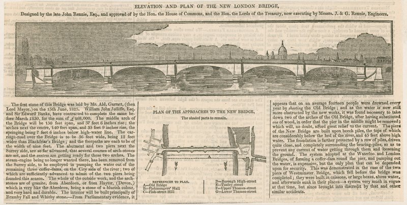 Elevazione e piano del nuovo London Bridge da English School