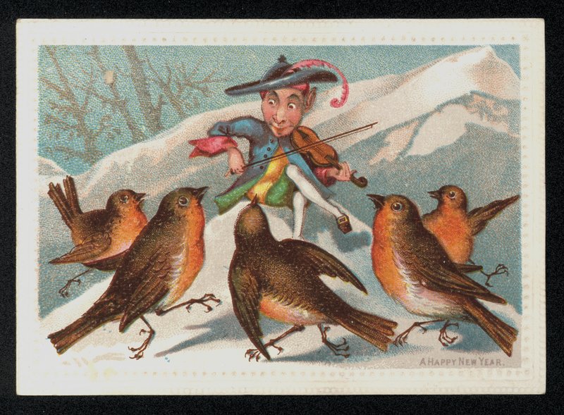 Elfo con un violino che intrattiene un gruppo di pettirossi, cartolina di auguri di Capodanno da English School