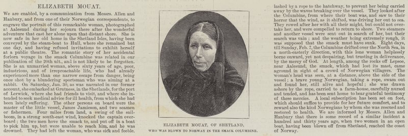 Elizabeth Mouat, delle Shetland, portata in Norvegia sulla Smack Columbine da English School