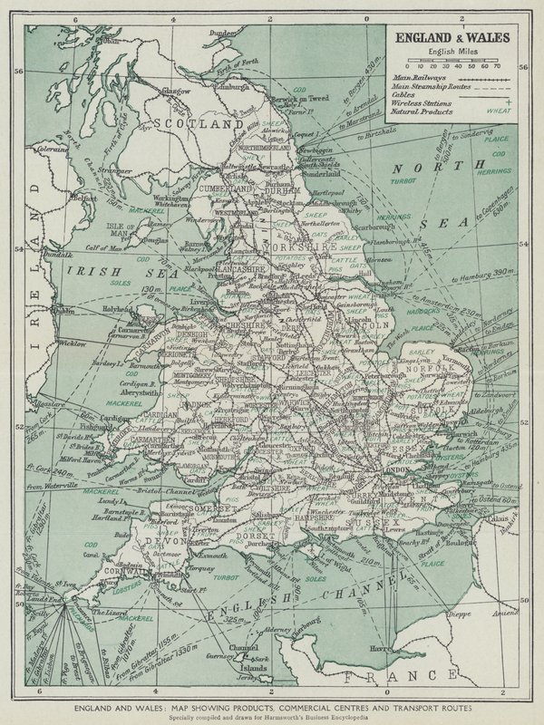 Inghilterra e Galles, Mappa che mostra prodotti, centri commerciali e rotte di trasporto da English School