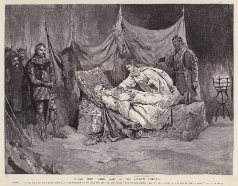 Attori inglesi Henry Irving ed Ellen Terry in una produzione del Re Lear di Shakespeare al Lyceum Theatre, Londra da English School
