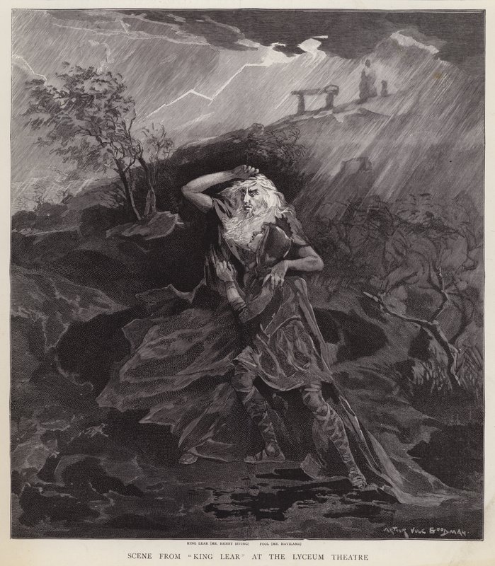 Attori inglesi Henry Irving e William Haviland in una produzione del Re Lear di Shakespeare al Lyceum Theatre, Londra da English School