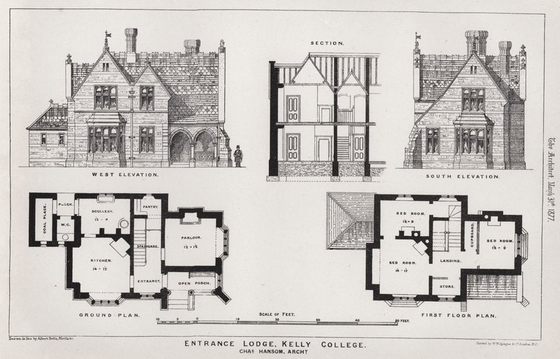 Ingresso del Lodge, Kelly College (incisione) da English School
