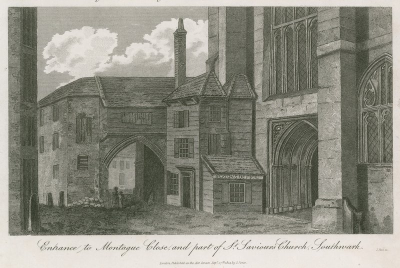 Ingresso a Montague Close e parte della Chiesa di San Salvatore, Southwark, Surrey da English School
