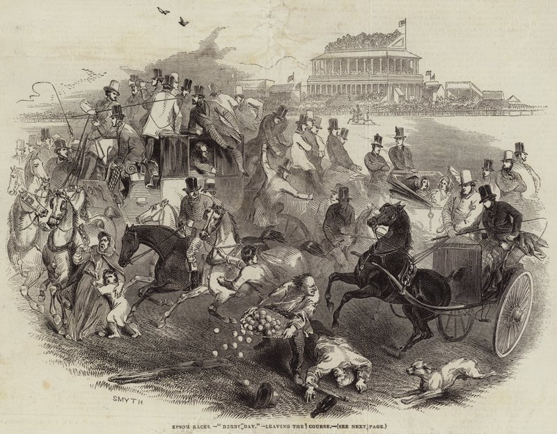 Corse di Epsom, "Derby Day", lasciando il percorso (incisione) da English School