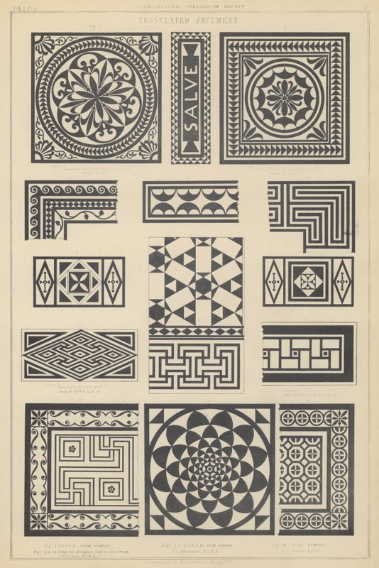 Esempi di pavimentazione a mosaico da Pompei e Tor Marancio, Italia da English School