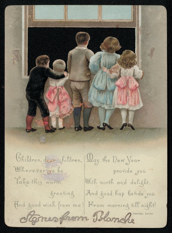 Bambini eccitati che guardano fuori dalla finestra, biglietto di auguri di Capodanno da English School