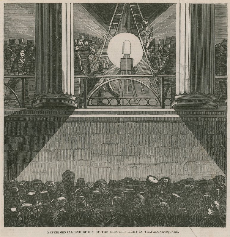 Esposizione sperimentale della luce elettrica in Trafalgar Square, Londra da English School