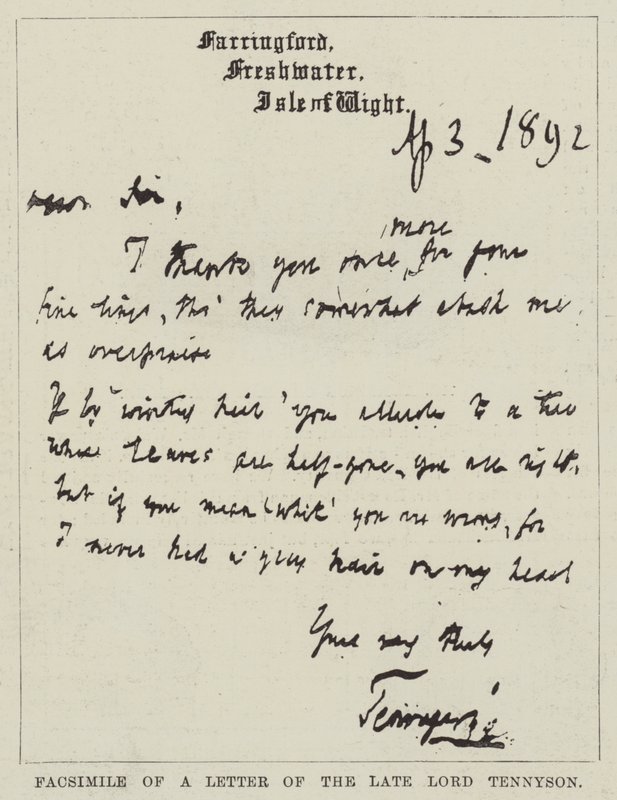 Facsimile di una lettera del defunto Lord Tennyson da English School