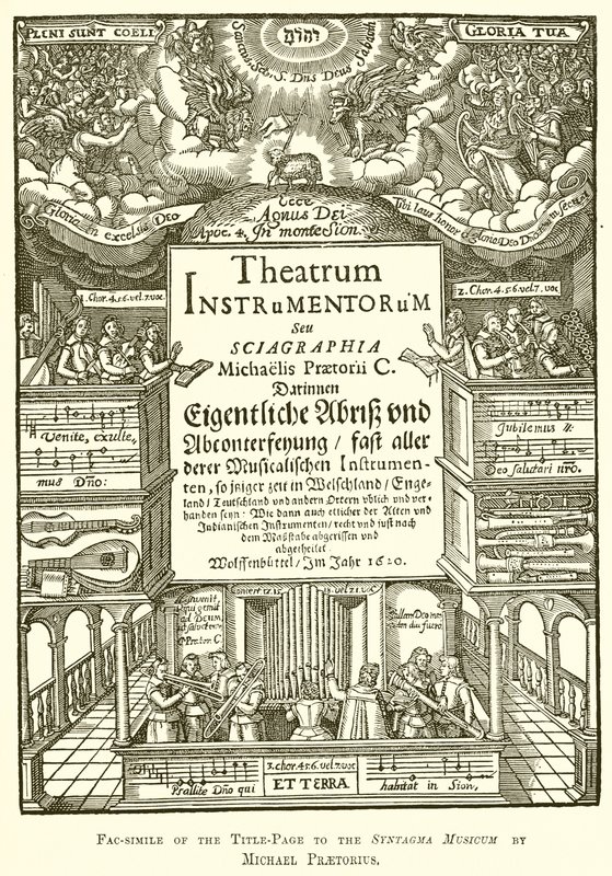 Facsimile della pagina del titolo del Syntagma Musicum di Michael Praetorius da English School