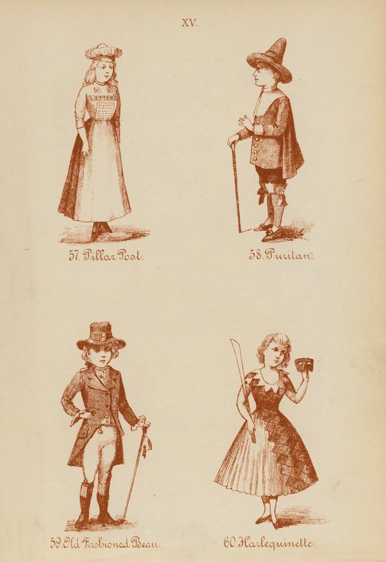 Costumi di carnevale: Pilastro Postale, Puritano, Fagiolo Vecchio Stile, Arlecchinetta da English School
