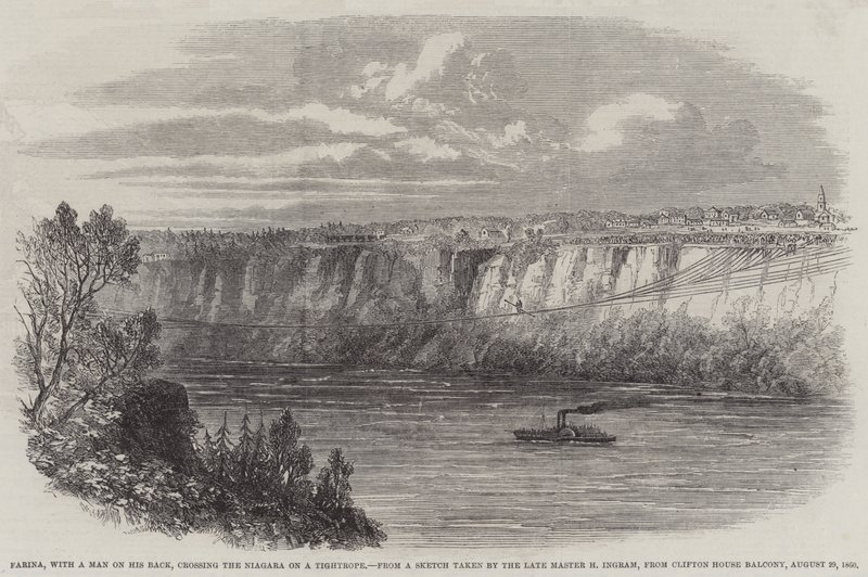 Farina, con un uomo sulla schiena, attraversa il Niagara su una fune, dal balcone della Clifton House, 29 agosto 1860 da English School