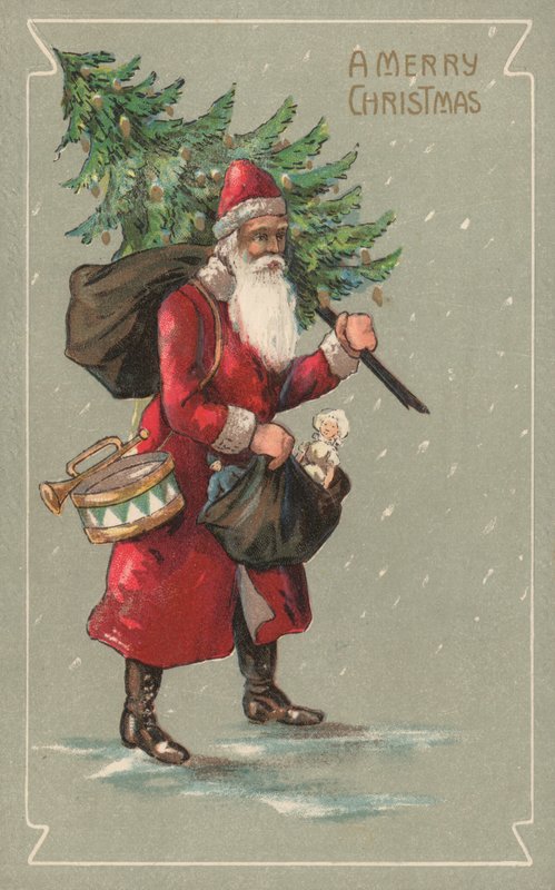 Babbo Natale che porta un sacco di giocattoli e un albero di Natale da English School