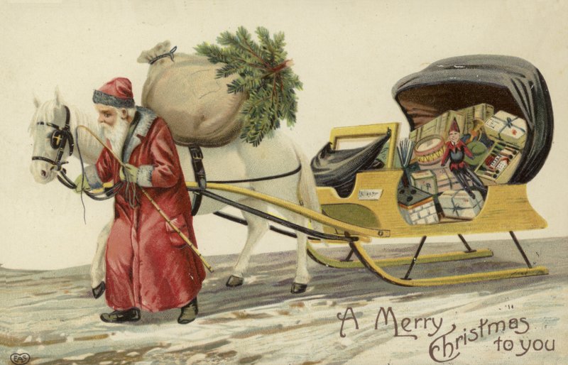 Babbo Natale che tira una slitta di regali da English School